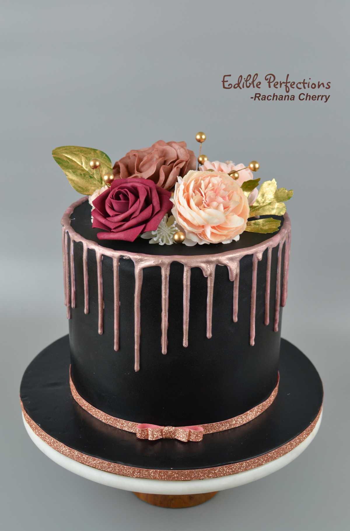 Black Rose Gold flower cake - Edible Perfections