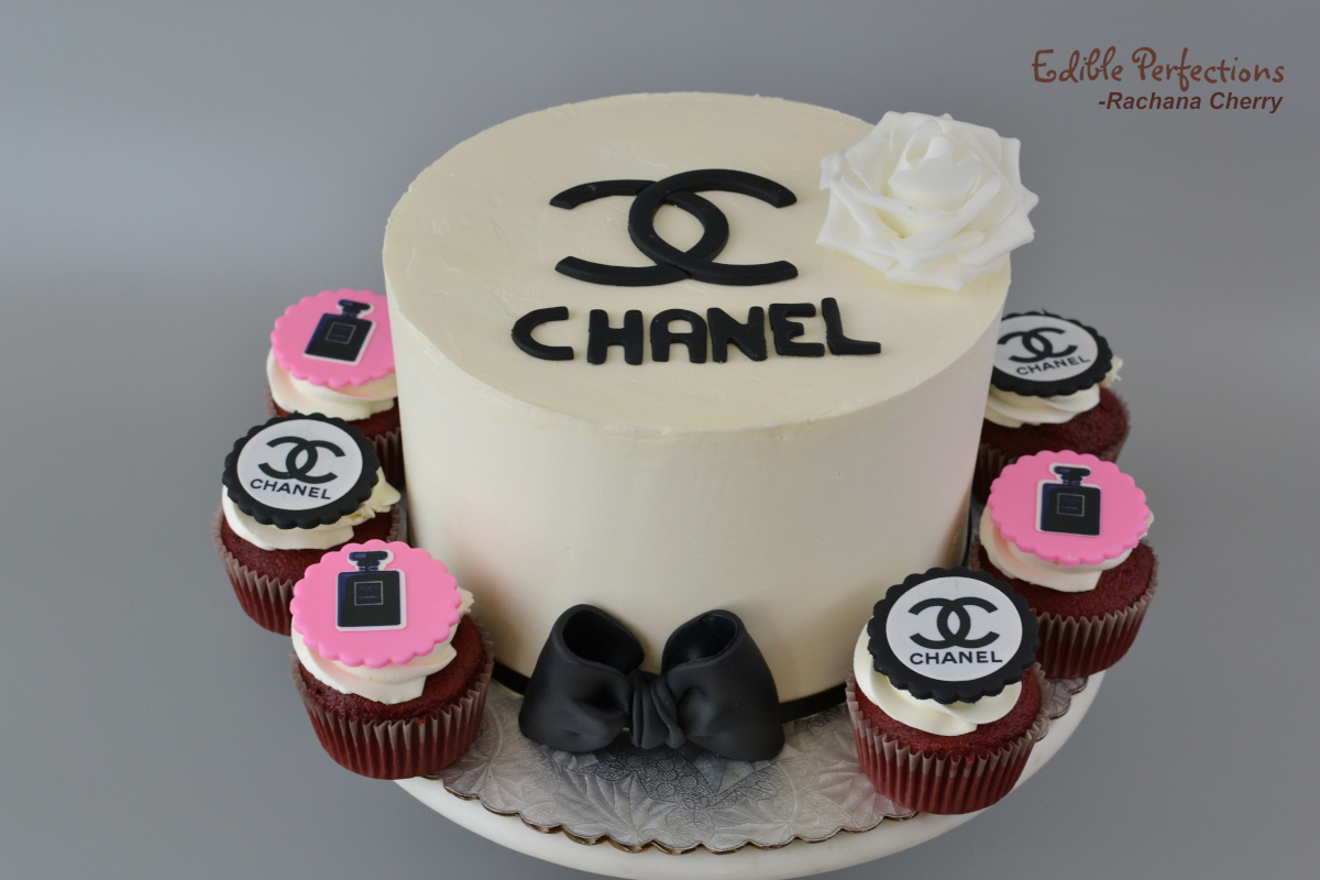 Chanel inspired birthday cake in the shape of a purse at a